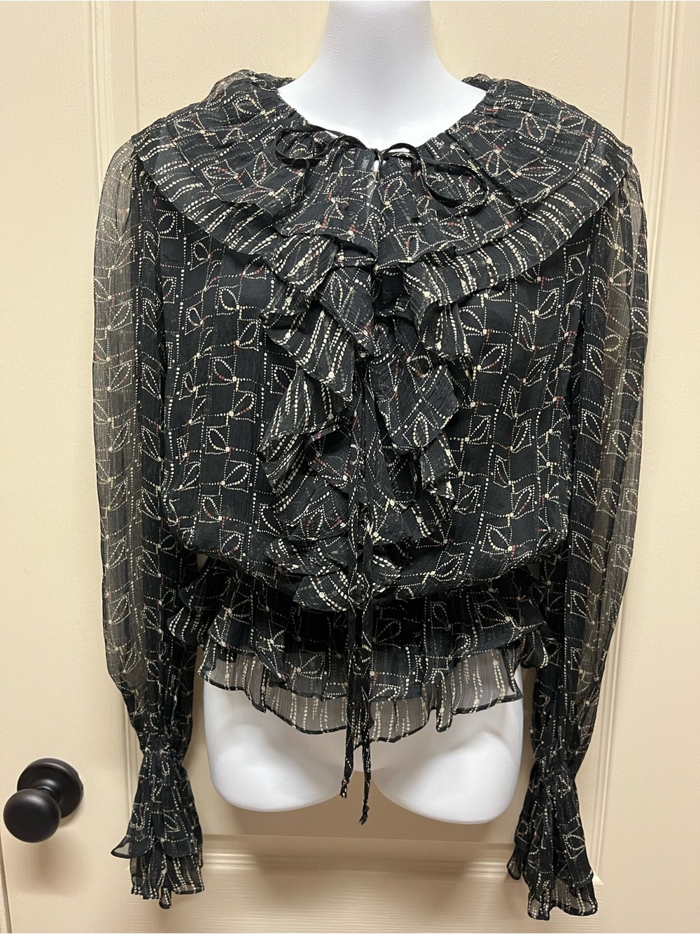 Robert Rodriguez Black Print Sheer Ruffle-Front Silk Blouse with camisole size 6